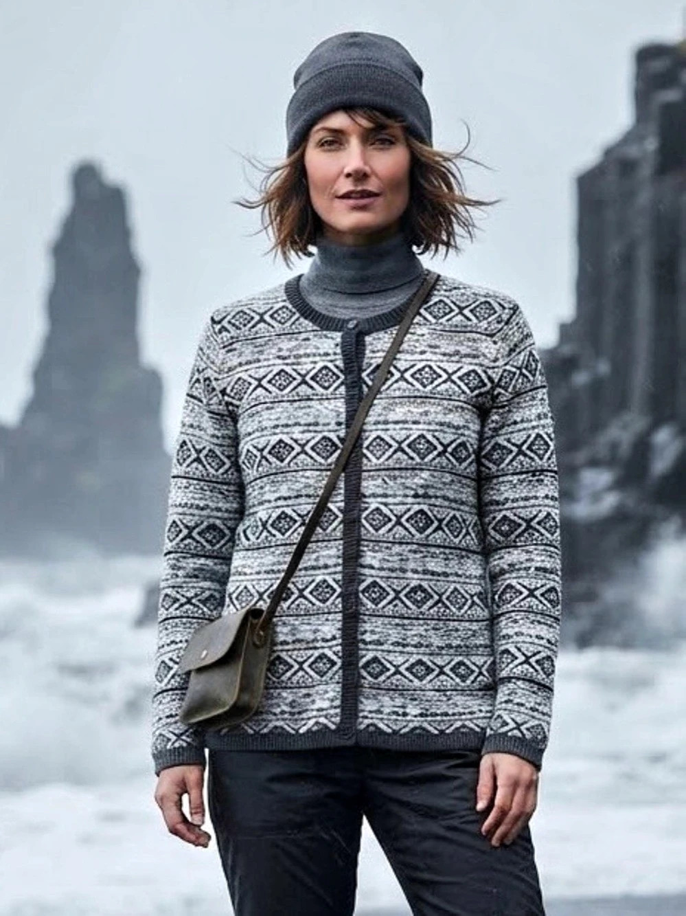 Northern Reflections Black White Fair Isle Nordic Icelandic Knit Button-Down Car